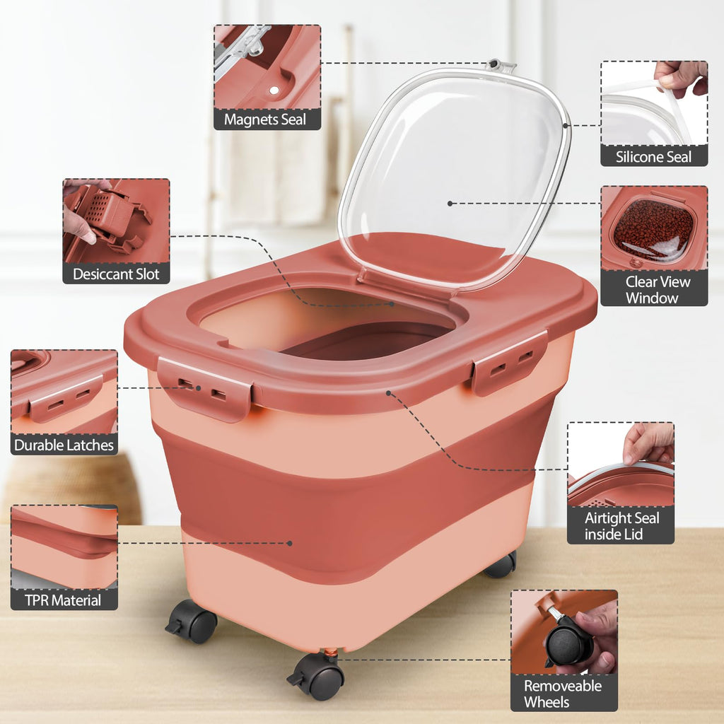 Collapsible Pet Food Storage Container with Wheel, Cup and Scoop T486