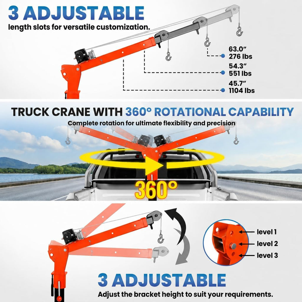 1100 LBS Truck Bed Crane with 3500 LBS 12V Electric Winch S76155