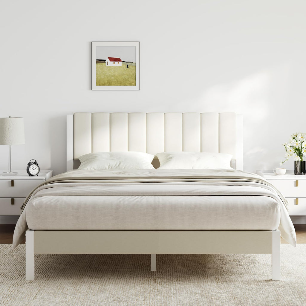 Full Size Metal Platform Bed Frame with Velvet White Headboard V290533