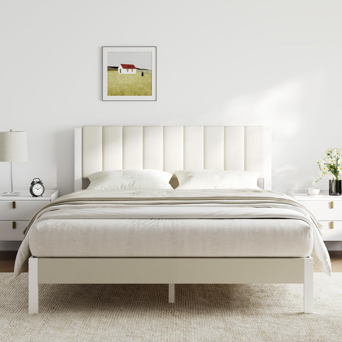 Full Size Metal Platform Bed Frame with Velvet White Headboard V290533