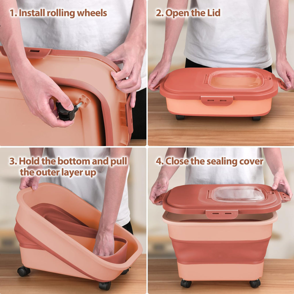 Collapsible Pet Food Storage Container with Wheel, Cup and Scoop T486