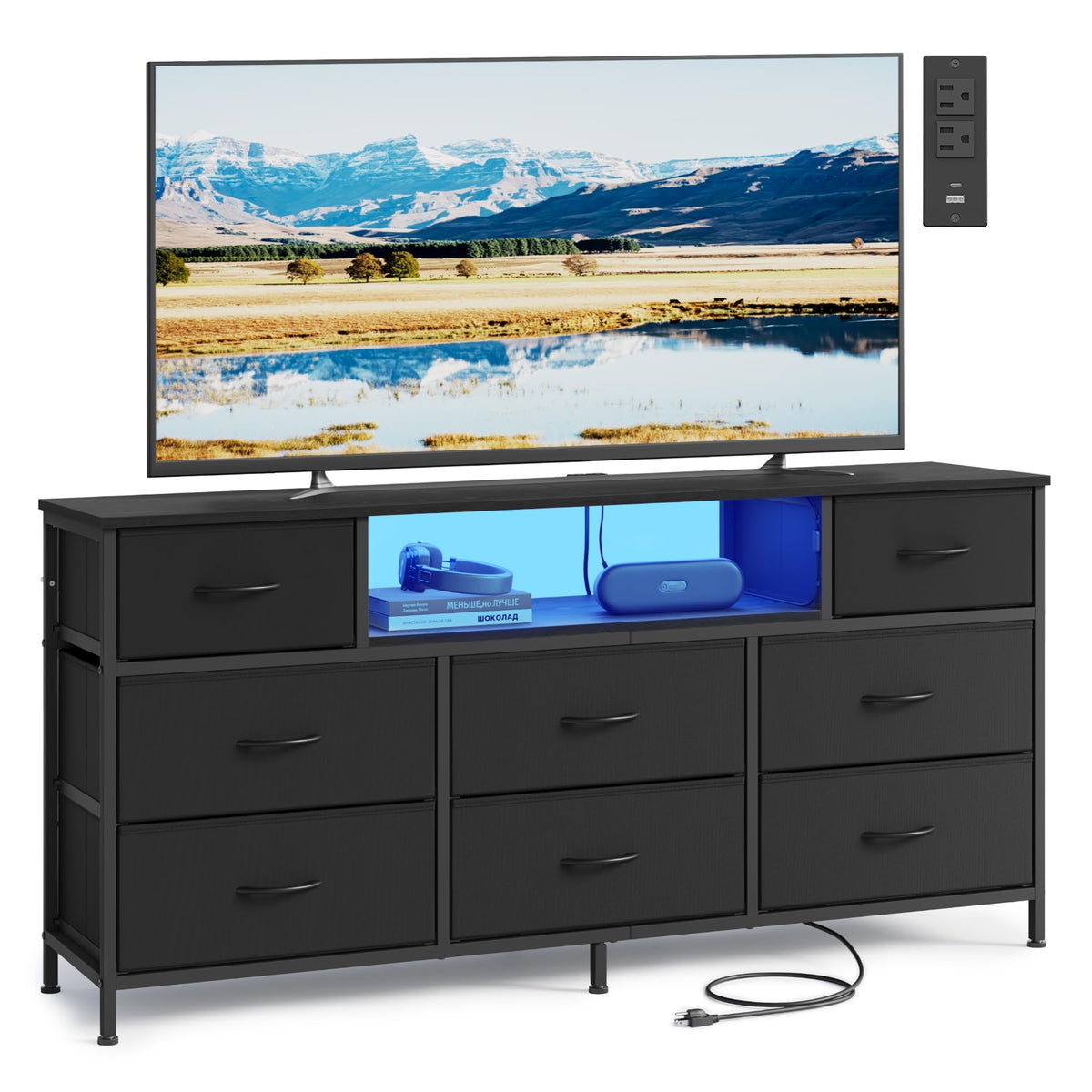 8 Fabric Drawers Dresser with Outlets & LED Lights I663929