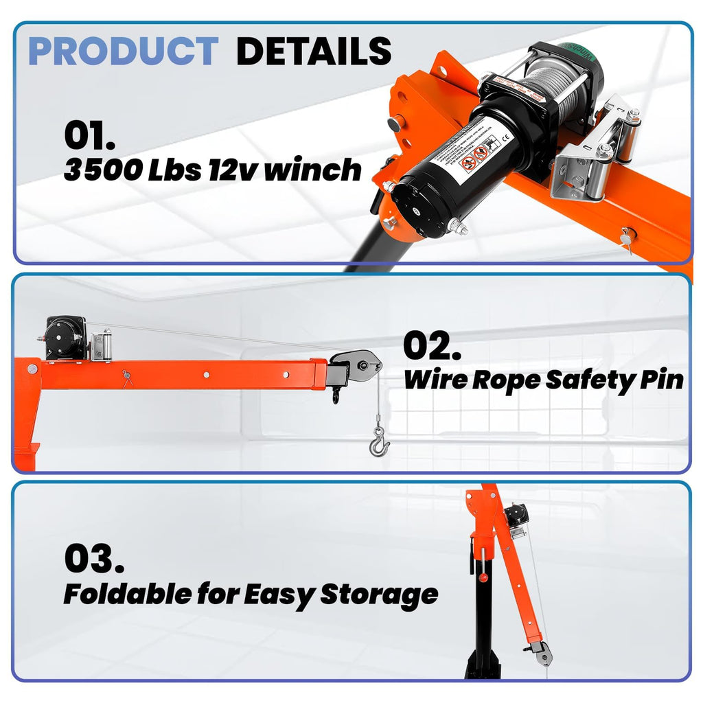 1100 LBS Truck Bed Crane with 3500 LBS 12V Electric Winch S76155