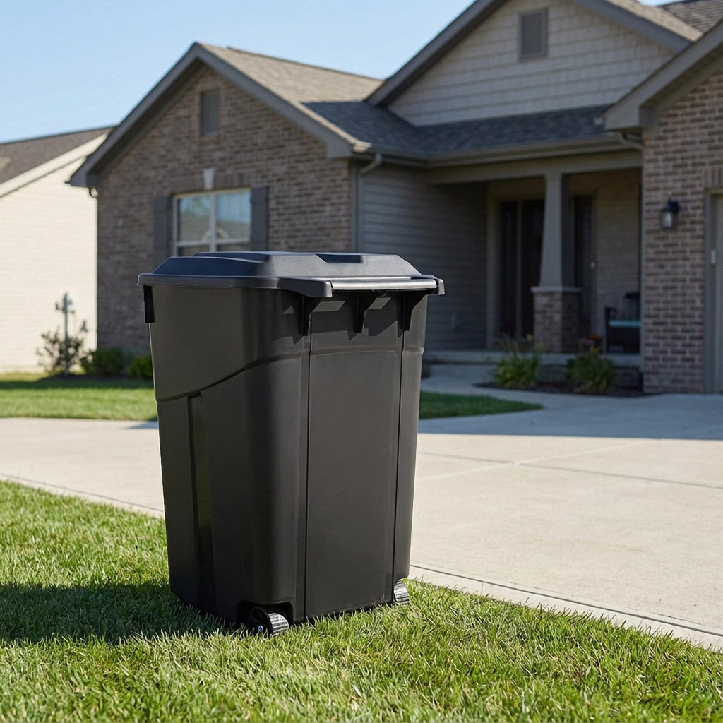 45 Gallon Black Wheeled Trash Can with Lid C7393
