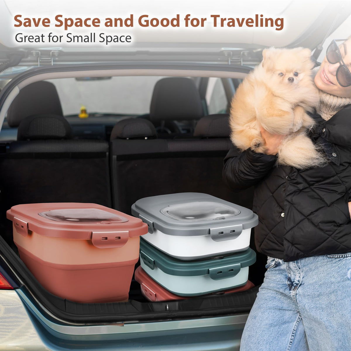 Collapsible Pet Food Storage Container with Wheel, Cup and Scoop T486