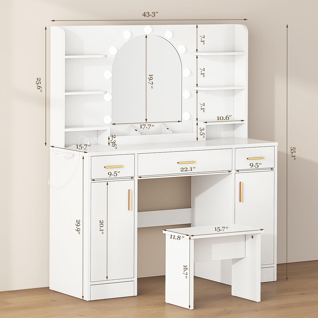 White Vanity Desk with Mirror and Lights C1753
