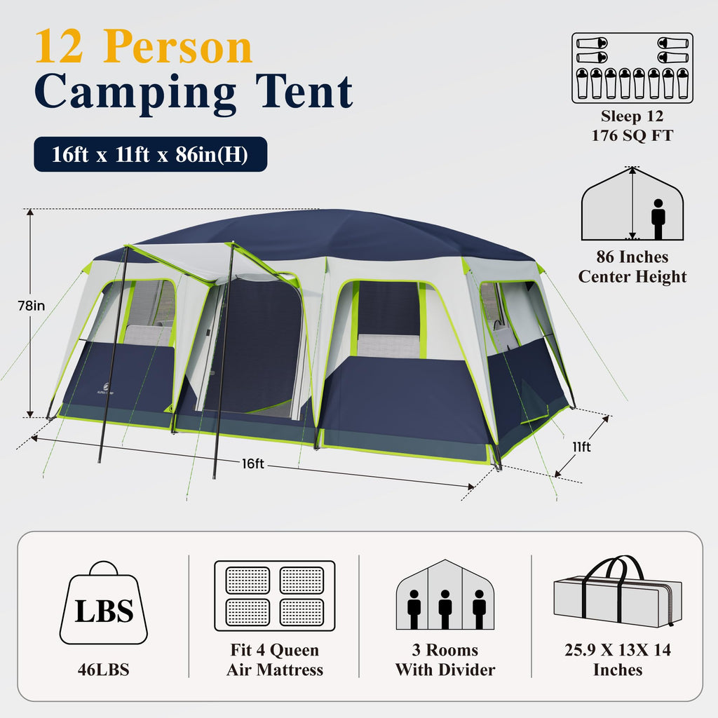 12 Person 3 Room Camping Tent with Rainfly I991