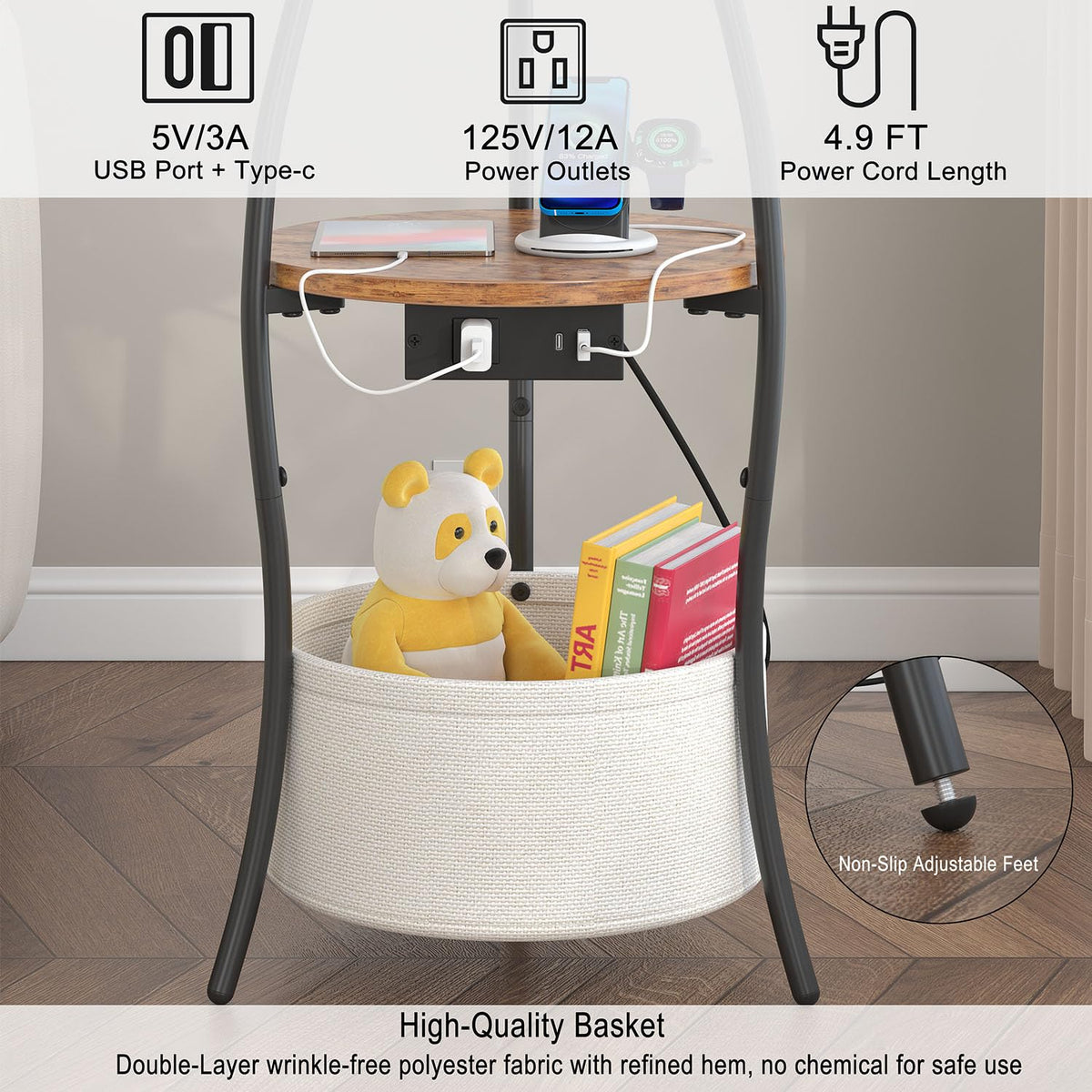 3-Tier Round End Table with Charging Station J854