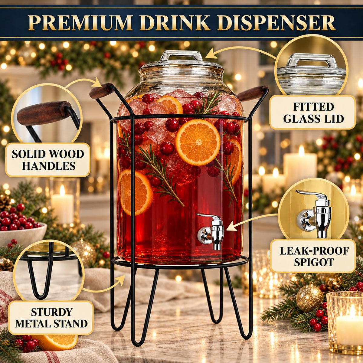 3 Gallon Glass Beverage Dispenser with Glass Lid and Metal Stand U687