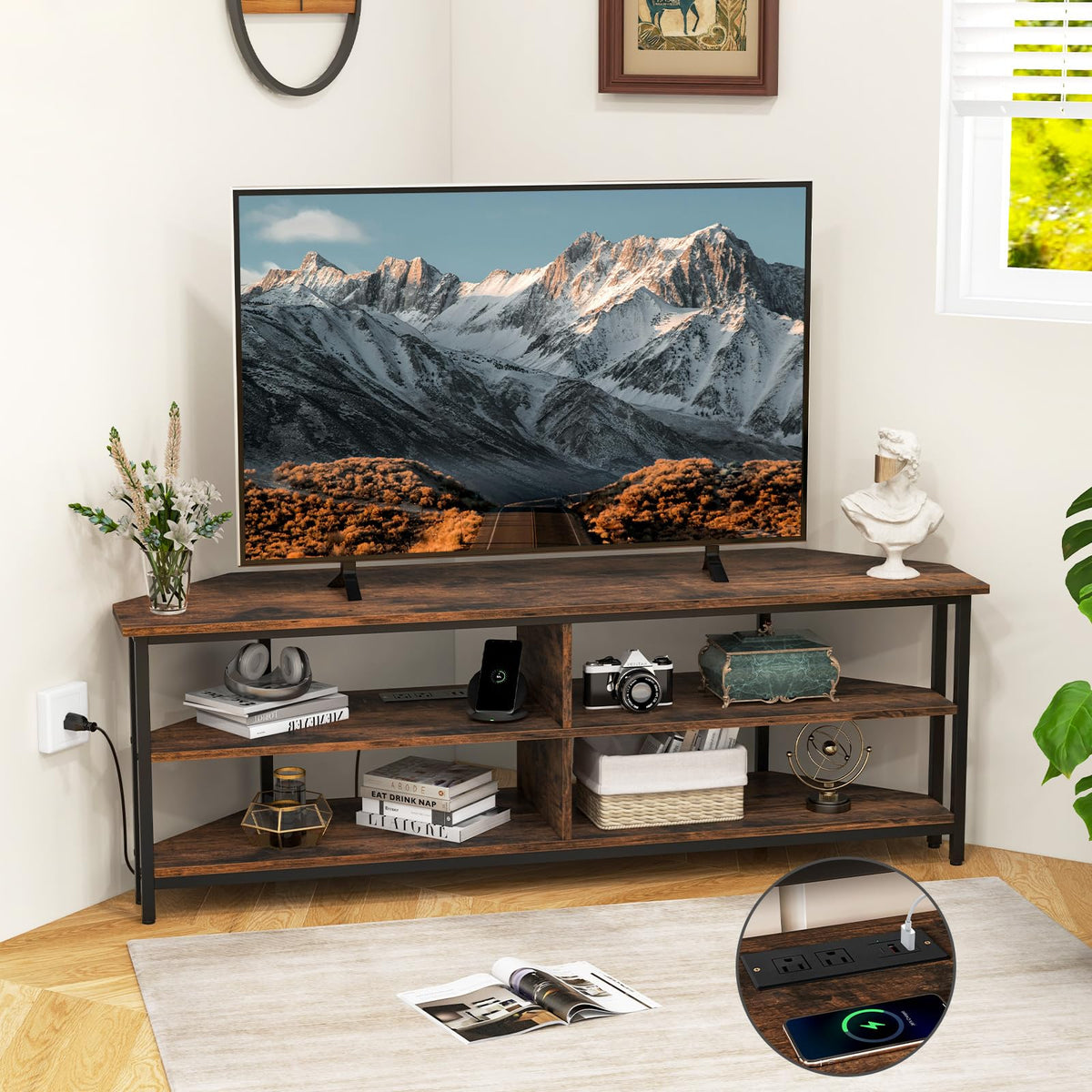 Corner TV Stand for TVs up to 65" with AC Outlets and Storage Shelves Q71446