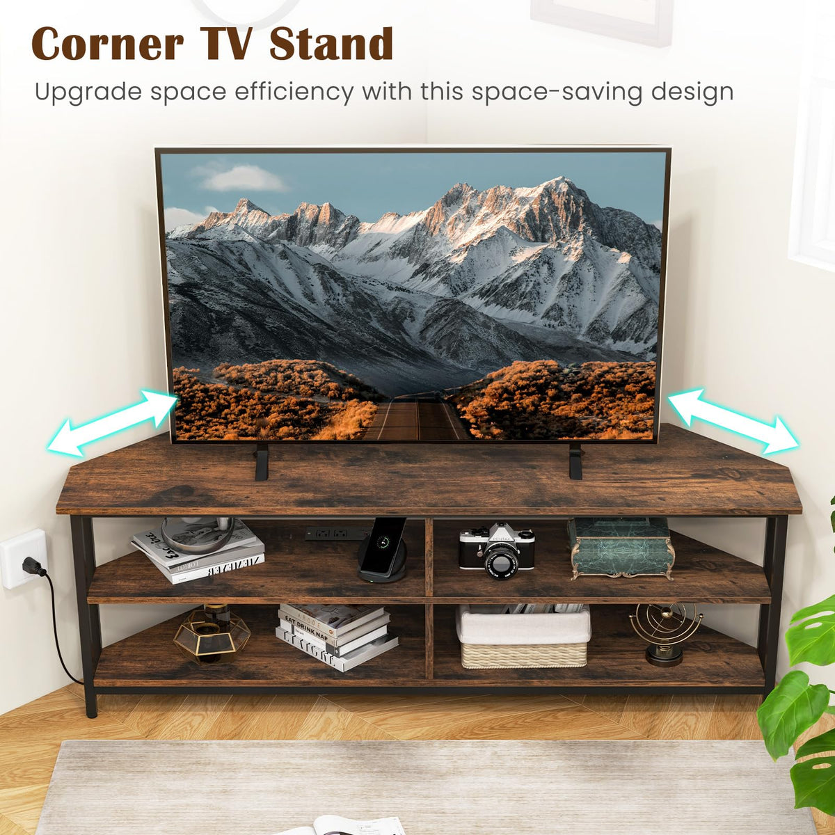 Corner TV Stand for TVs up to 65" with AC Outlets and Storage Shelves Q71446
