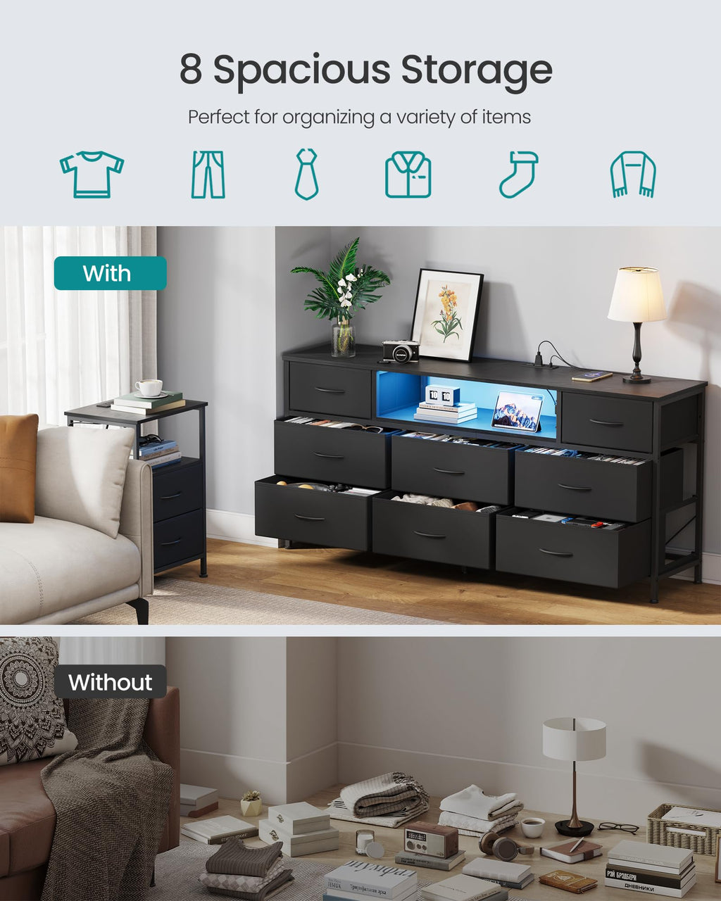8 Fabric Drawers Dresser with Outlets & LED Lights I663929