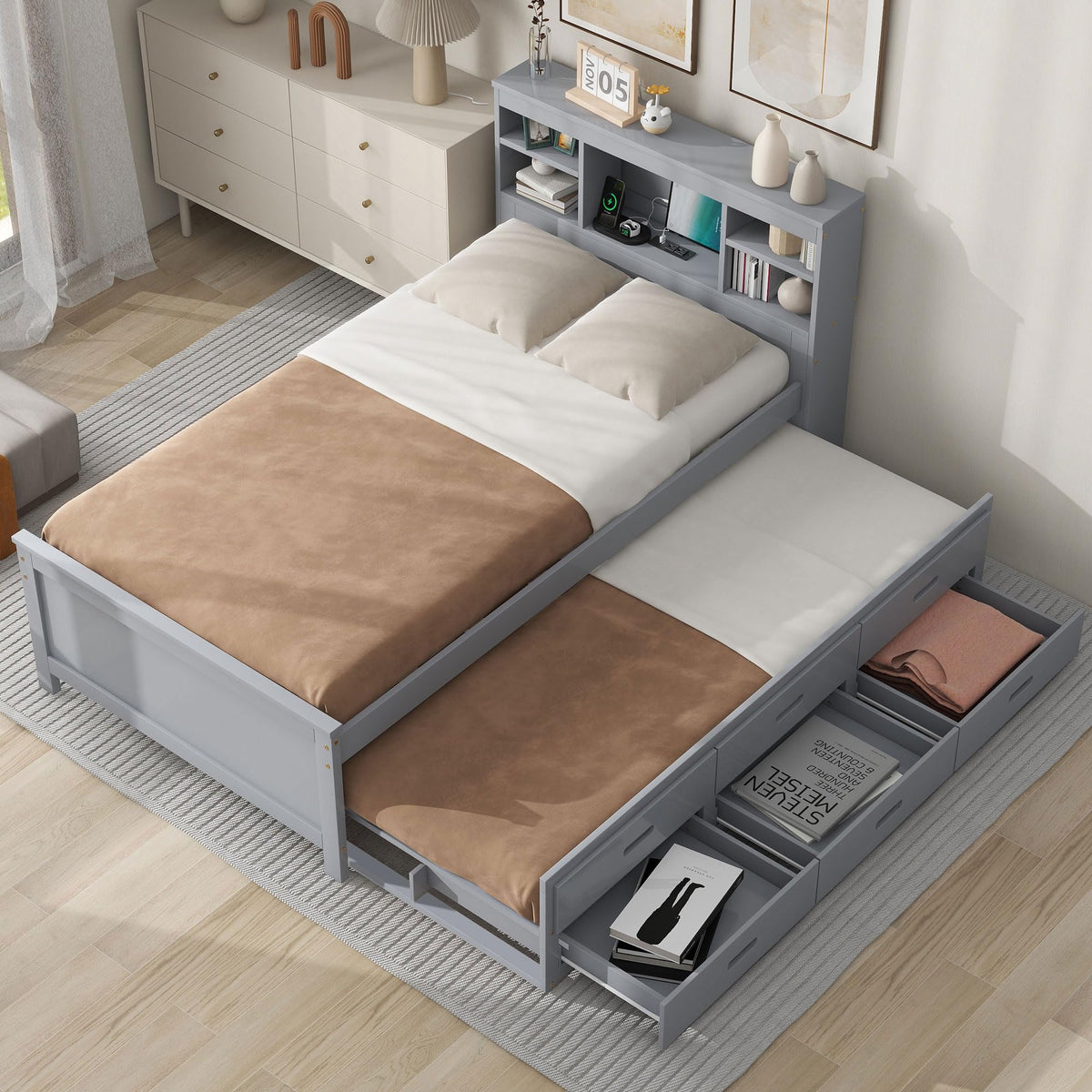 Twin Size Wood Platform Bed with Trundle and 3 Drawers P276521