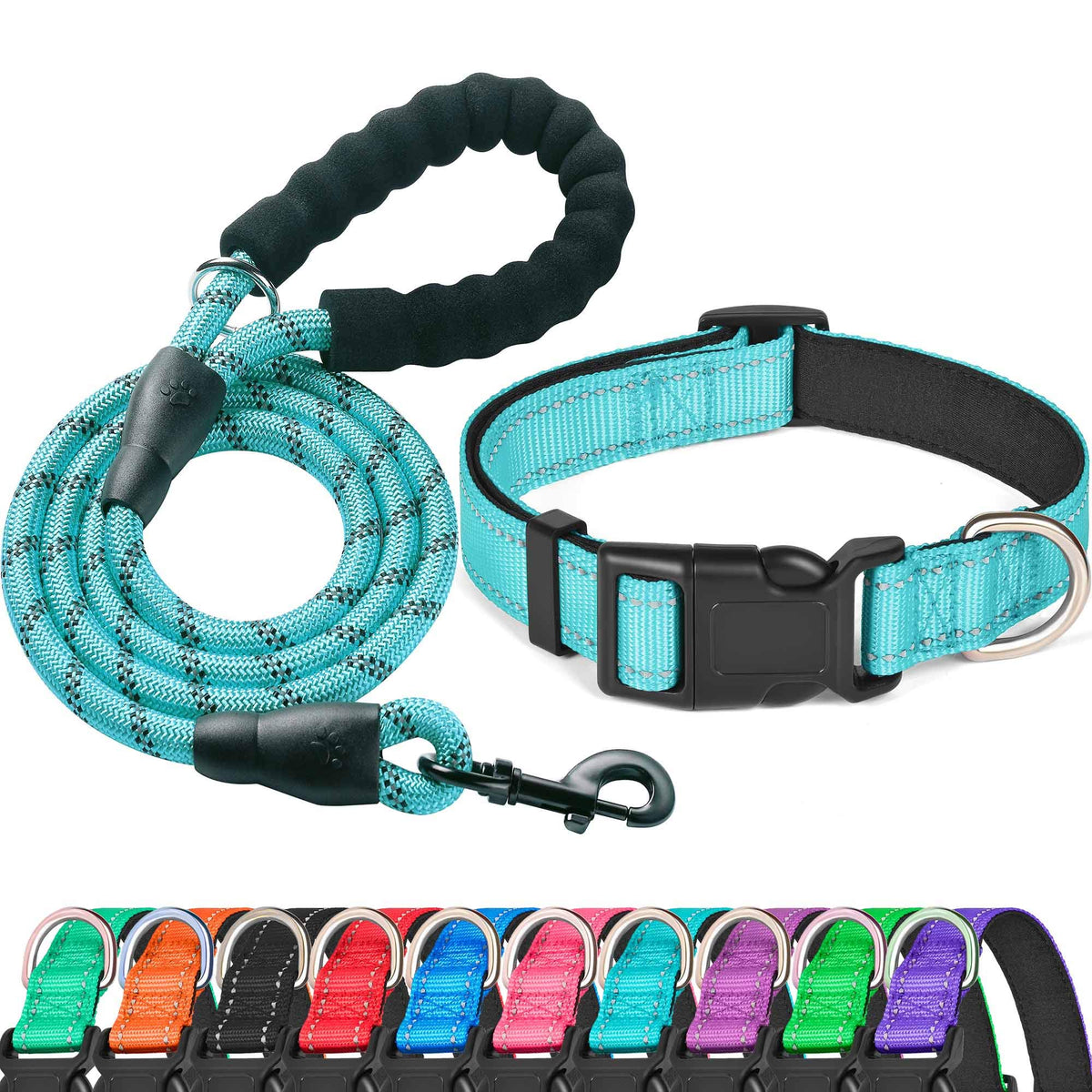 Reflective Padded Dog Collar with Neoprene, Medium, Turquoise A594499