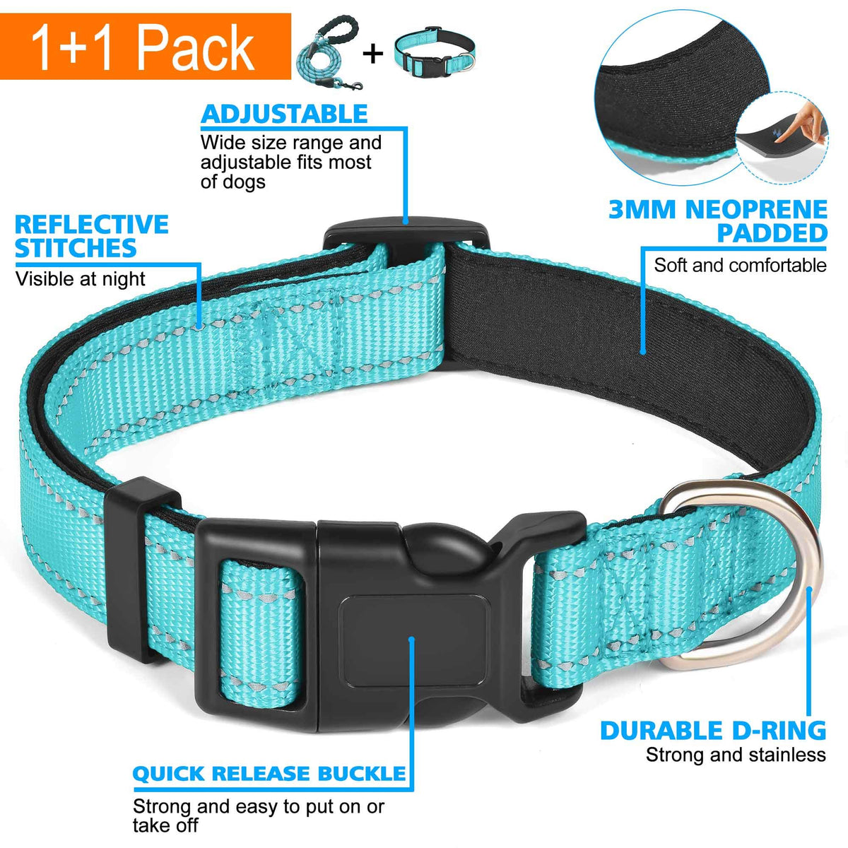 Reflective Padded Dog Collar with Neoprene, Medium, Turquoise A594499