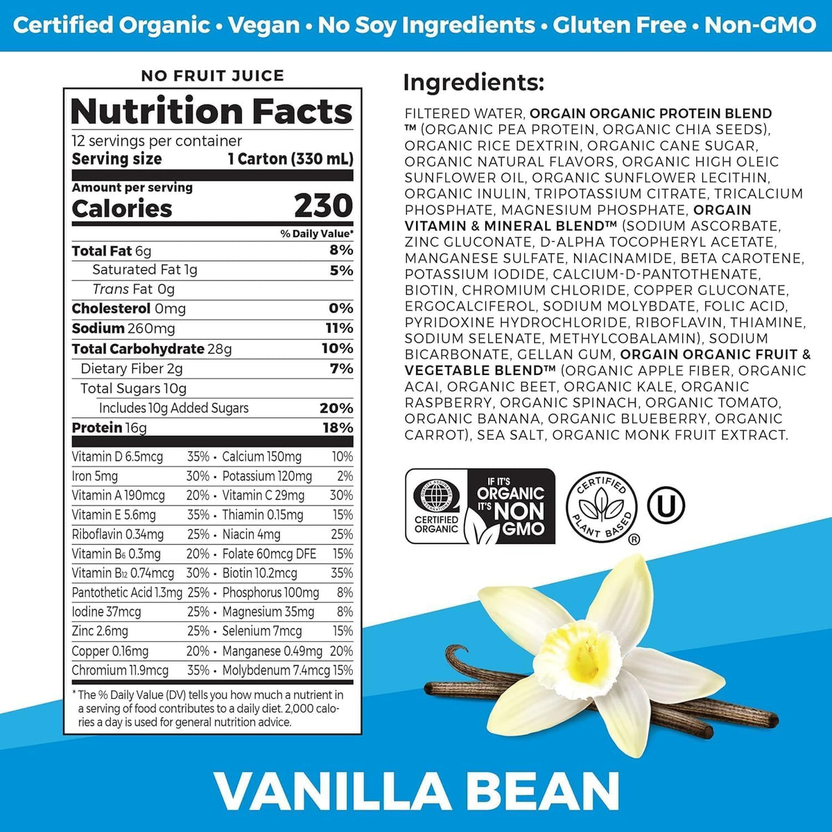 Organic Vegan Protein Shake Smooth Chocolate & Vanilla Bean 16g 11 Fl Oz T345599