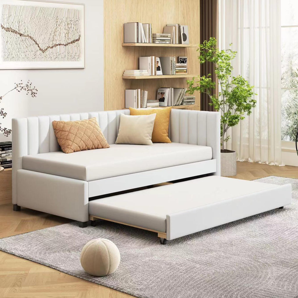 Beige Linen Upholstered Daybed with Trundle Twin Size W995