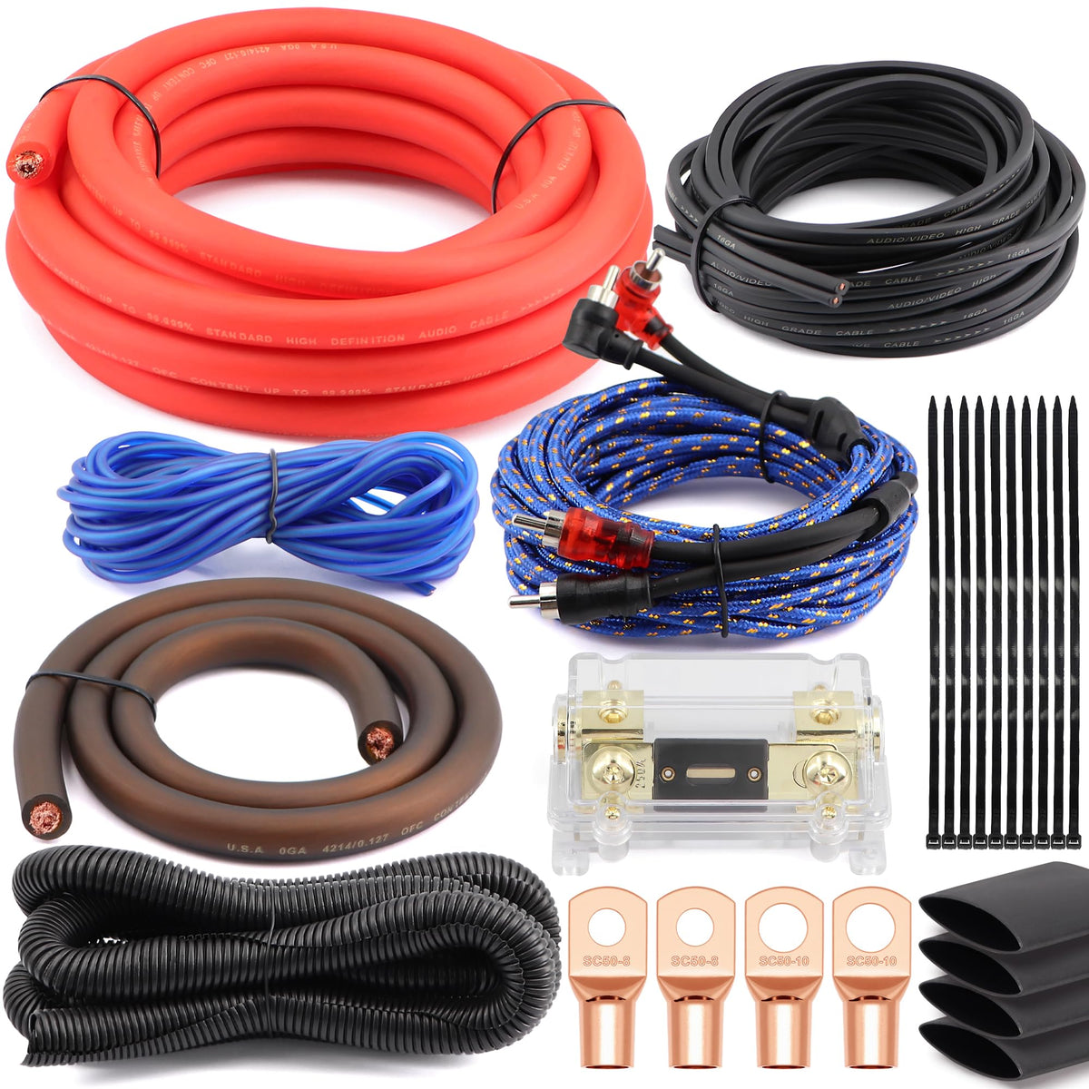 0 Gauge Pure OFC Amplifier Wiring Kit with Fuse Holder & RCA O4612