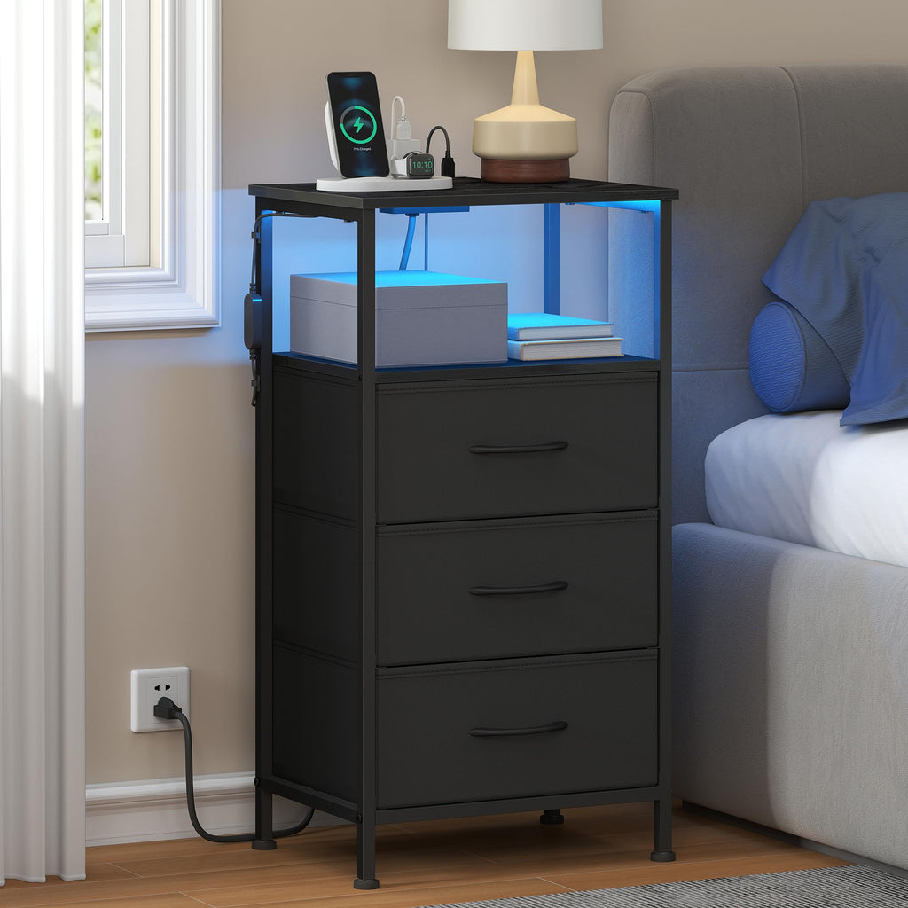 Nightstand with Charging Station, 3 Fabric Drawers M28714