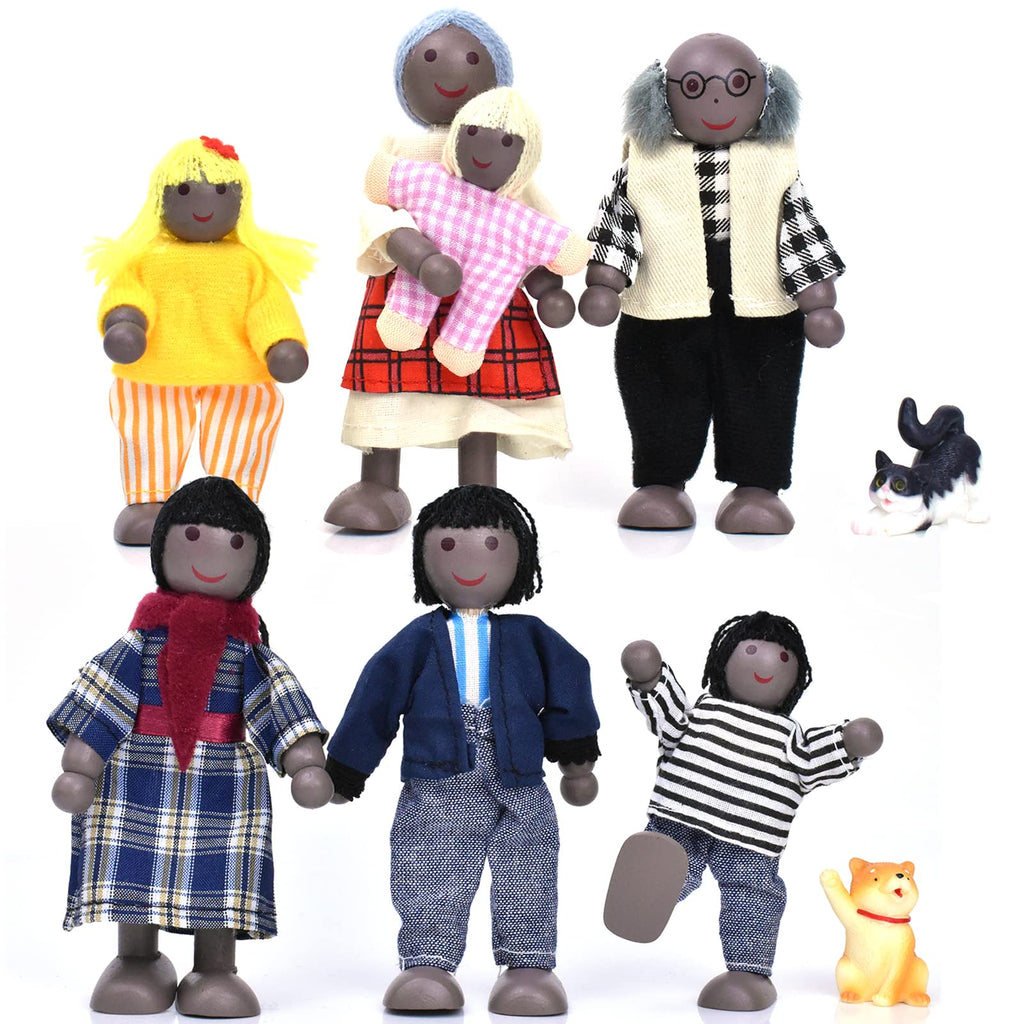 Wooden Dollhouse People 7 Pcs Family Figures with 2 Pets V509
