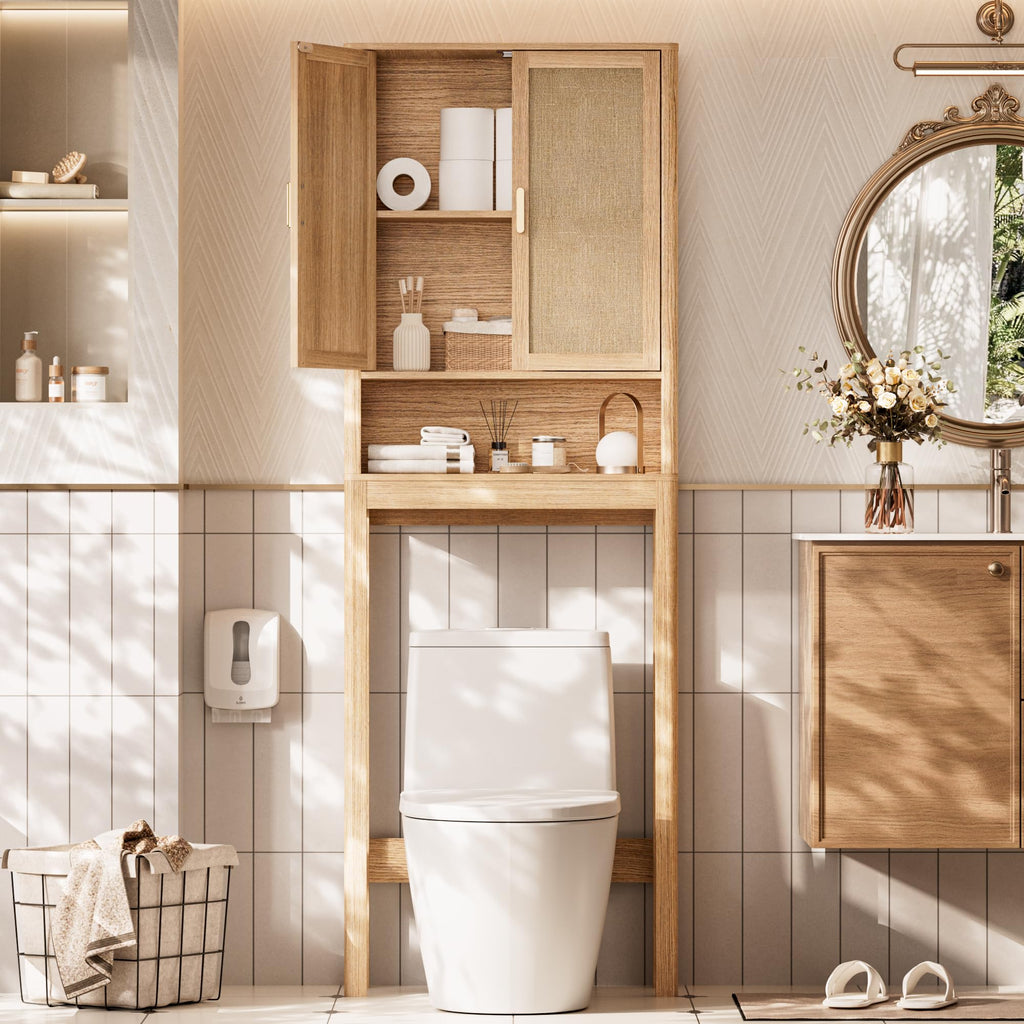Over the Toilet Storage Cabinet with Rattan Doors L302