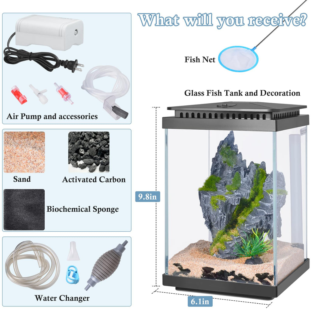 1 Gallon Small Glass Aquarium with Air Pump LED Light S510
