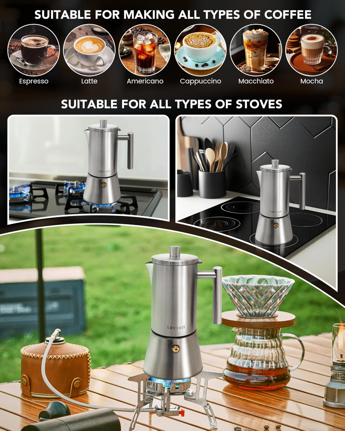 6 Cup Stainless Steel Stovetop Moka Pot H947
