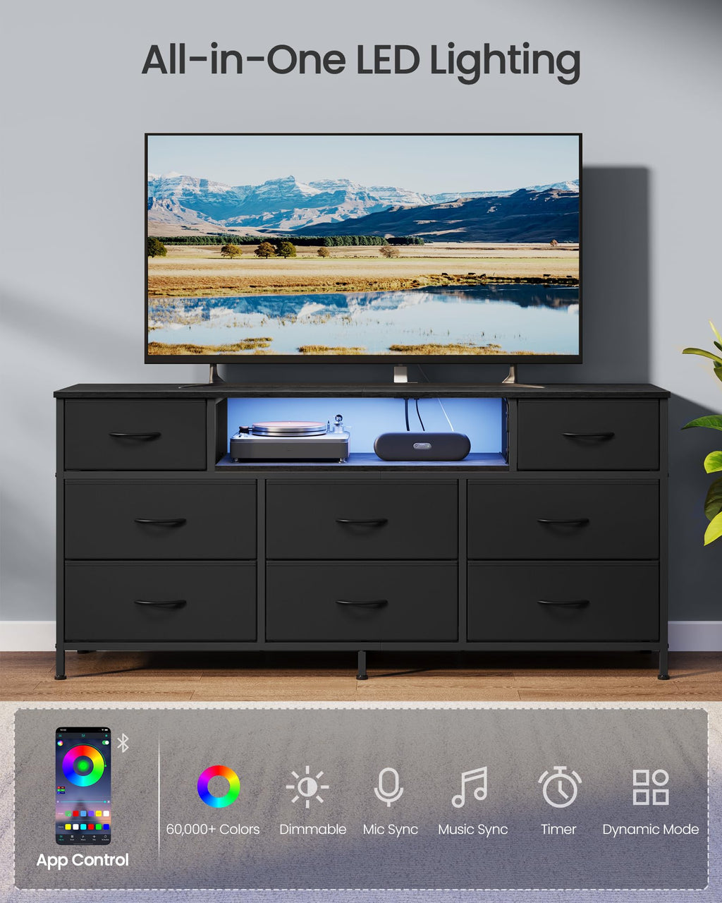 8 Fabric Drawers Dresser with Outlets & LED Lights I663929
