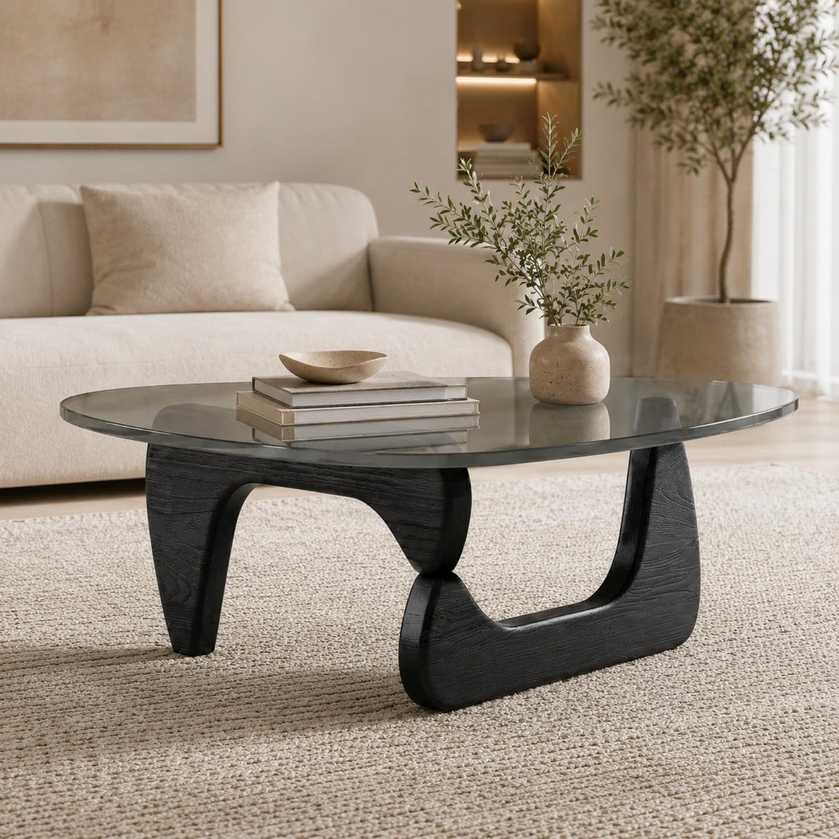Glass Coffee Table with Wood Grain Base V99241