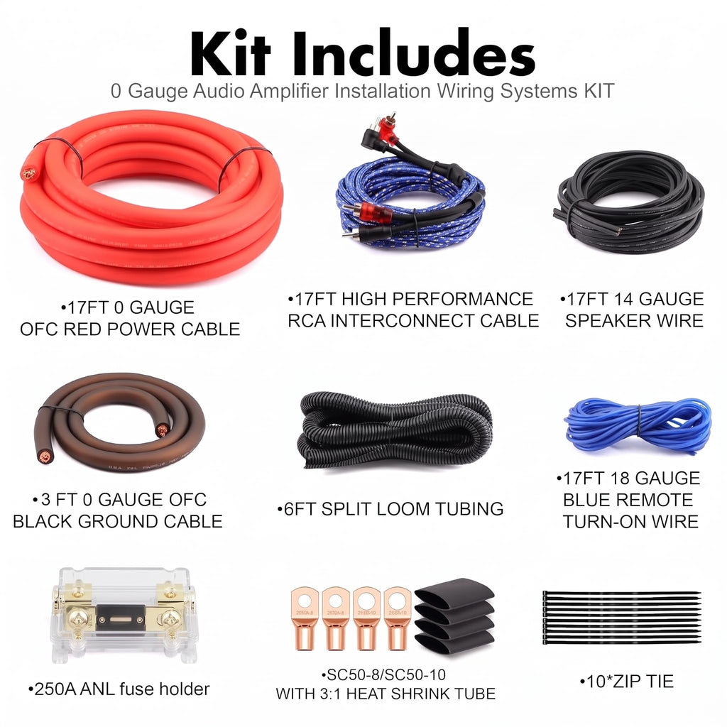0 Gauge Pure OFC Amplifier Wiring Kit with Fuse Holder & RCA O4612
