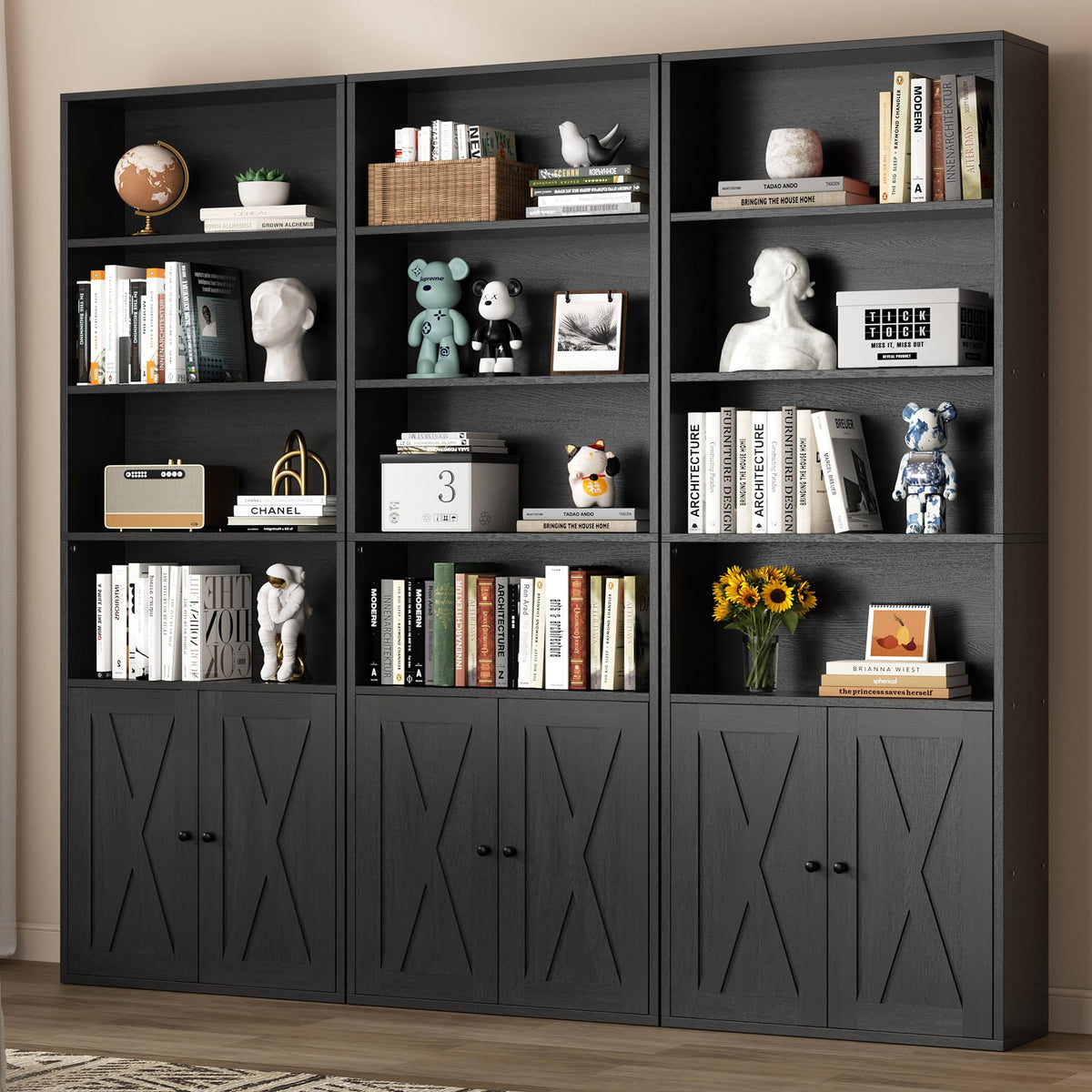 Black 6 Shelf Bookshelf with Doors T553