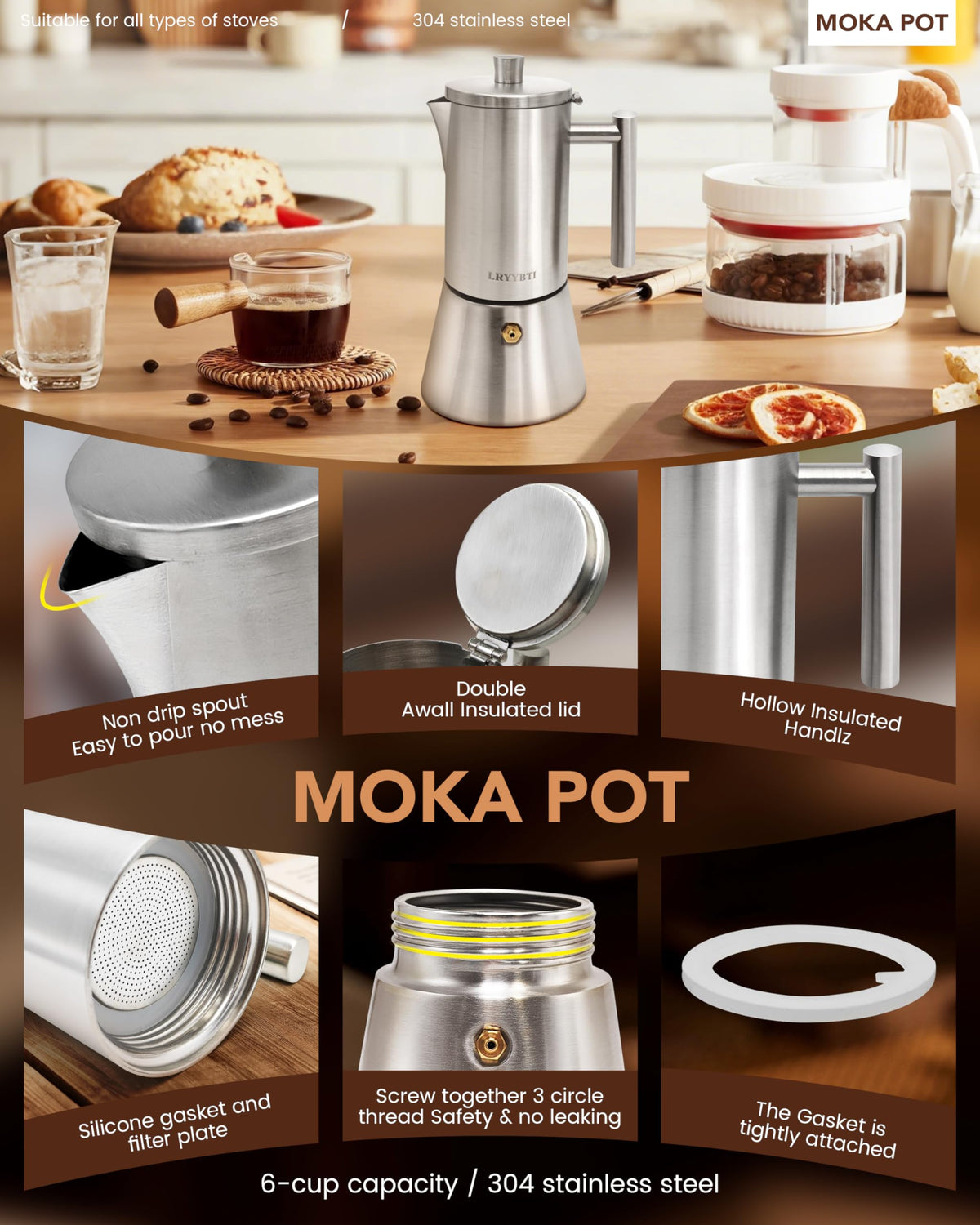 6 Cup Stainless Steel Stovetop Moka Pot H947