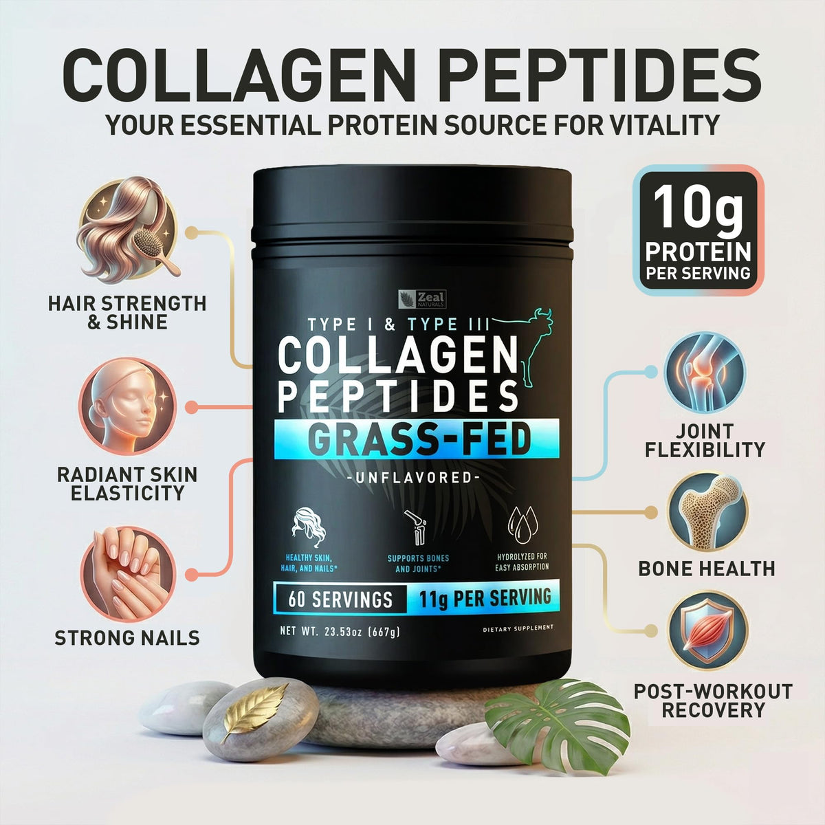 Hydrolyzed Collagen Peptides Powder, 10g Protein, Unflavored, 23.53 oz H17254