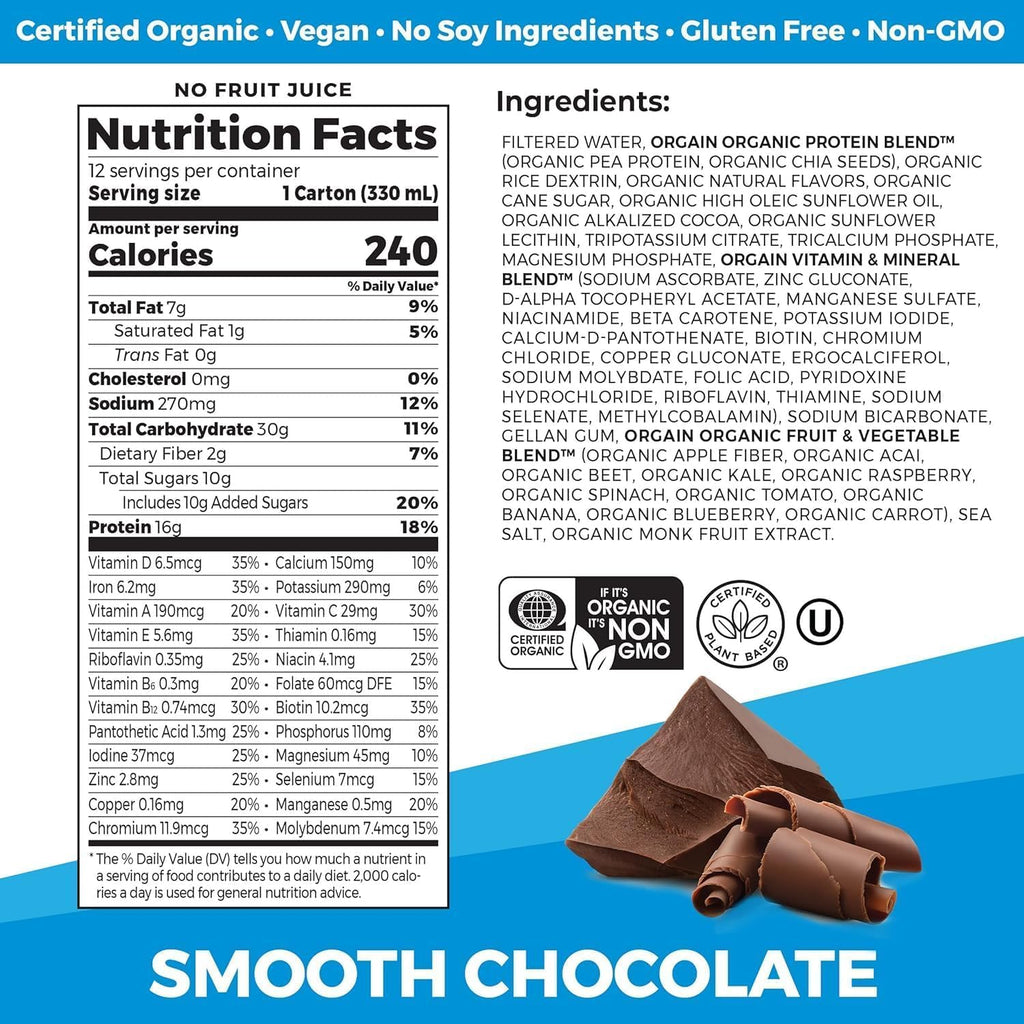 Organic Vegan Protein Shake Smooth Chocolate & Vanilla Bean 16g 11 Fl Oz T345599