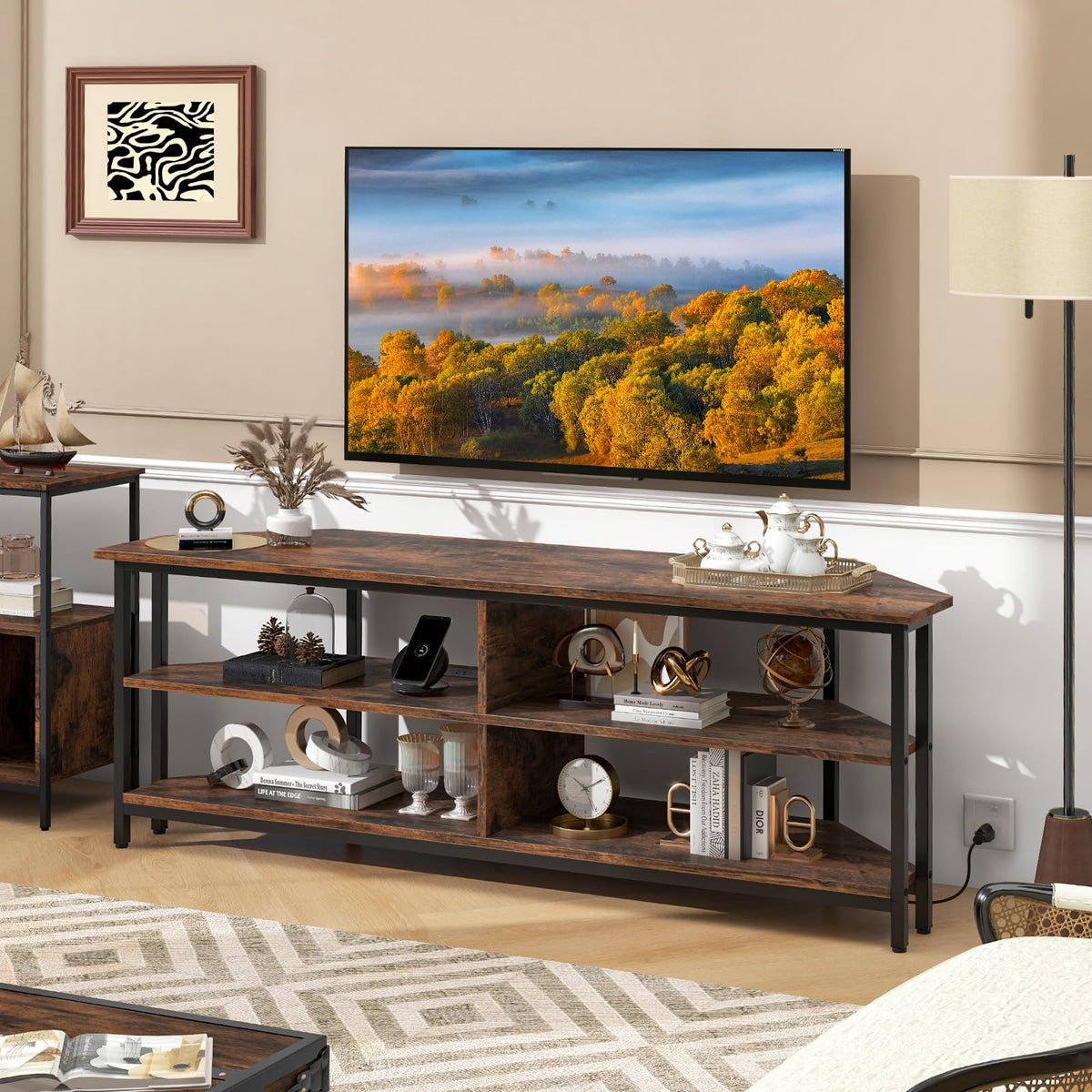 Corner TV Stand for TVs up to 65" with AC Outlets and Storage Shelves Q71446