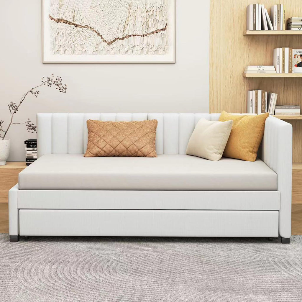 Beige Linen Upholstered Daybed with Trundle Twin Size W995
