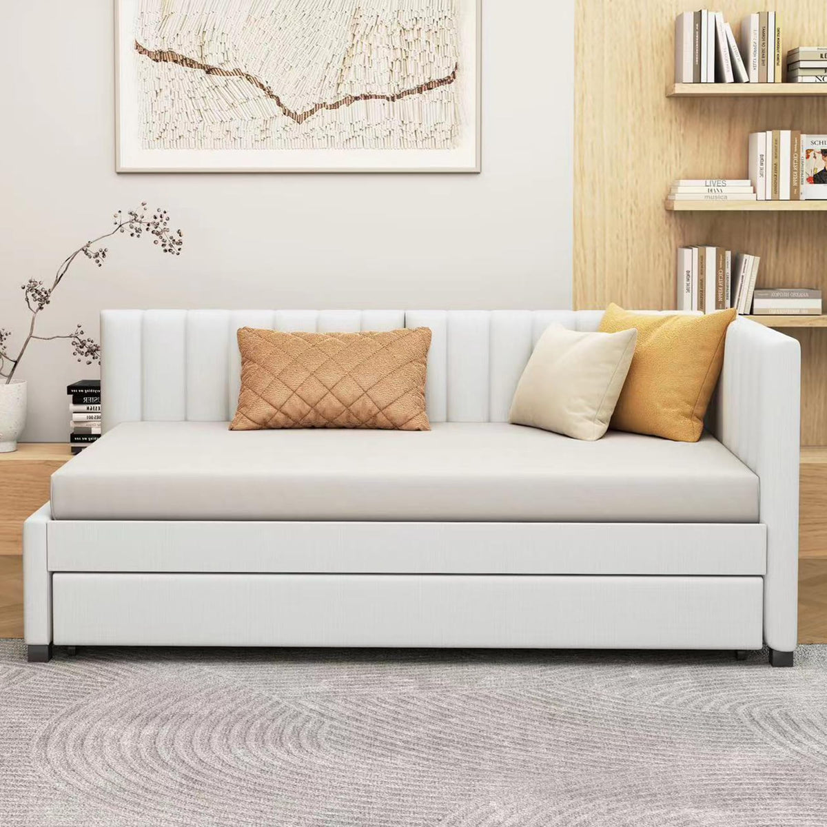 Beige Linen Upholstered Daybed with Trundle Twin Size W995