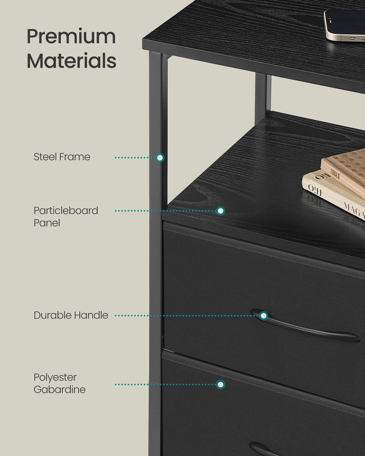 Nightstand with Charging Station, 3 Fabric Drawers M28714