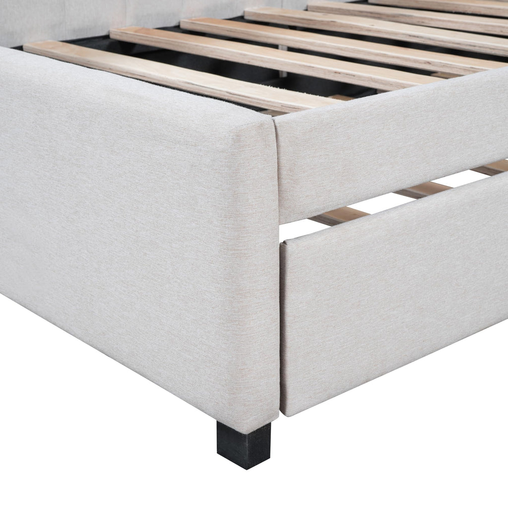 Beige Linen Upholstered Daybed with Trundle Twin Size W995