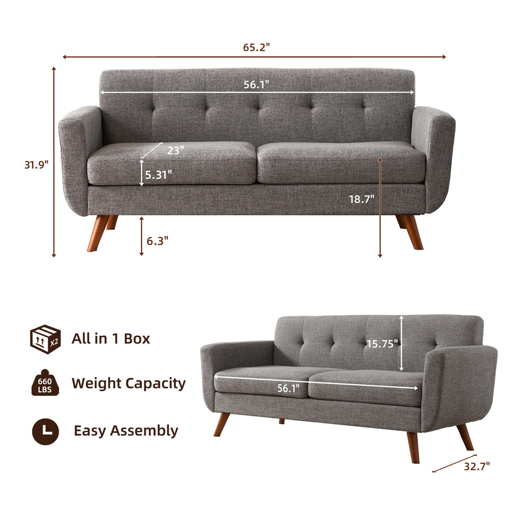 65" Grey Button Tufted Upholstered Loveseat Sofa S1574