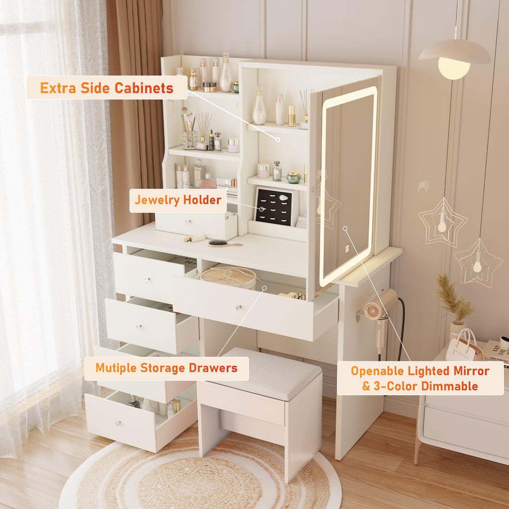 White Makeup Vanity Desk with LED Lights Mirror J70154