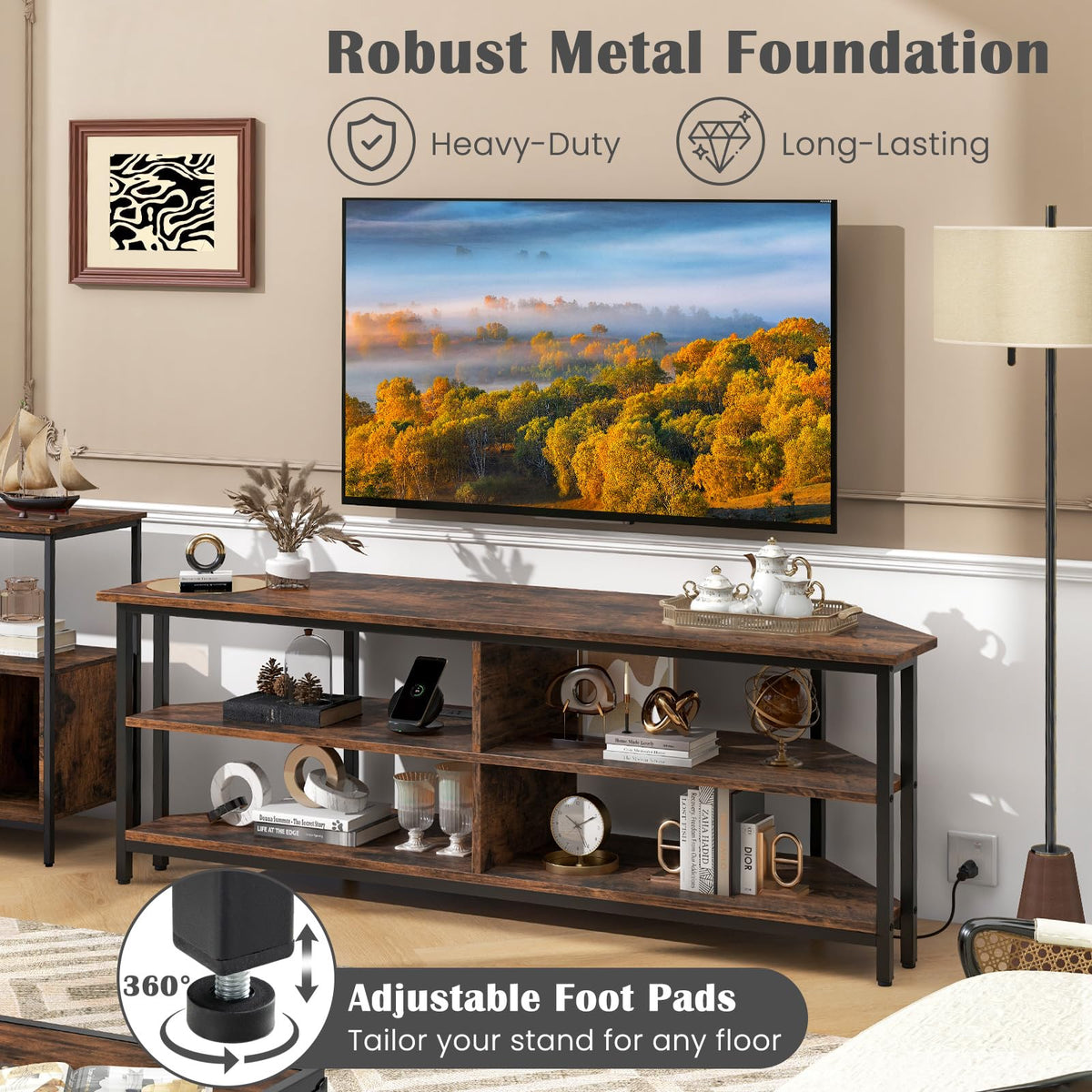 Corner TV Stand for TVs up to 65" with AC Outlets and Storage Shelves Q71446