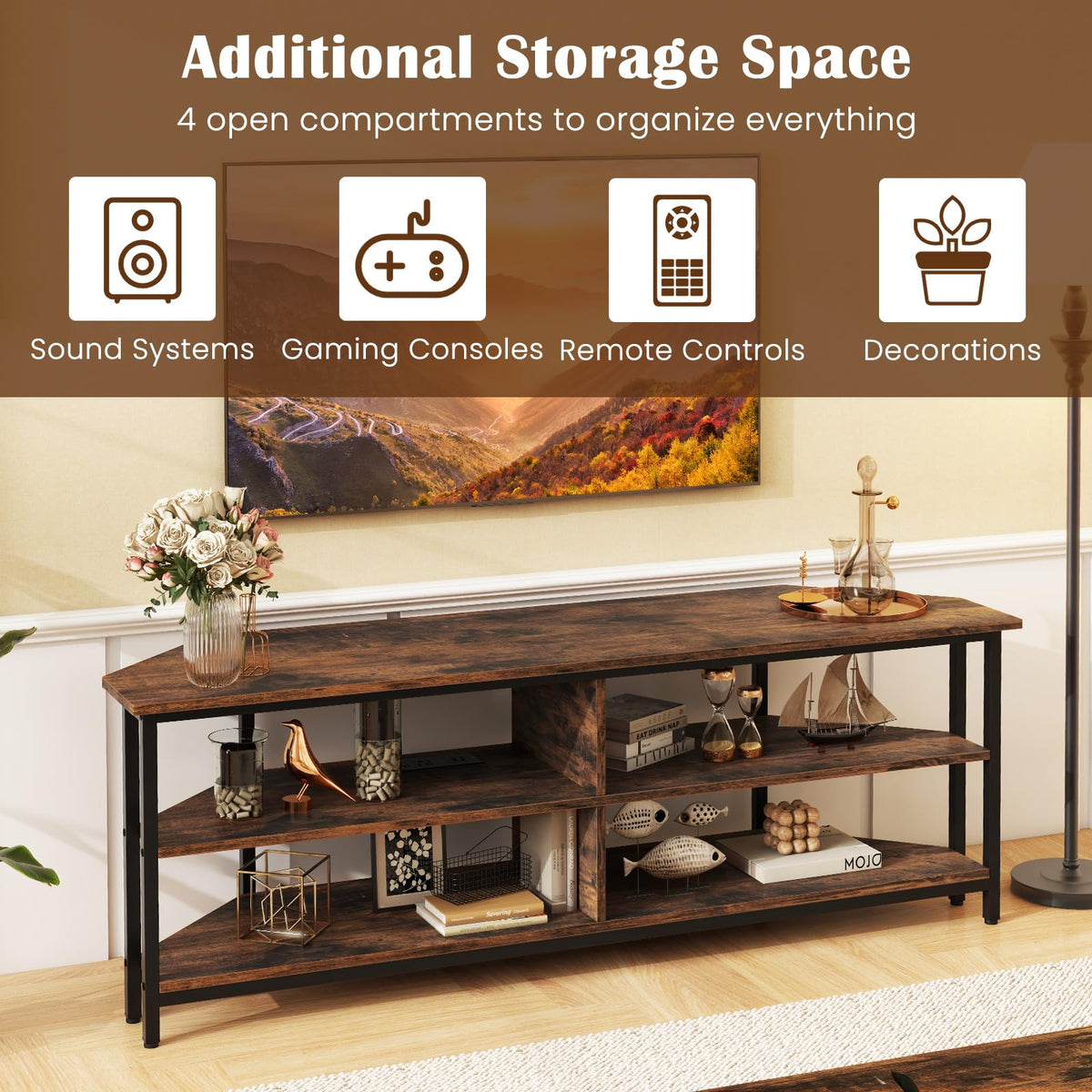 Corner TV Stand for TVs up to 65" with AC Outlets and Storage Shelves Q71446