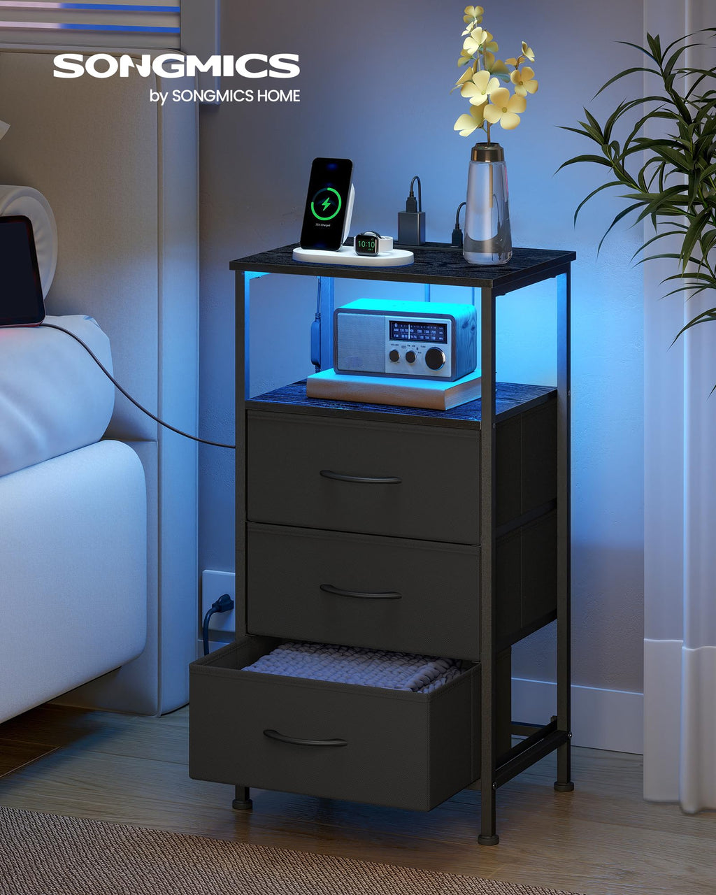 Nightstand with Charging Station, 3 Fabric Drawers M28714