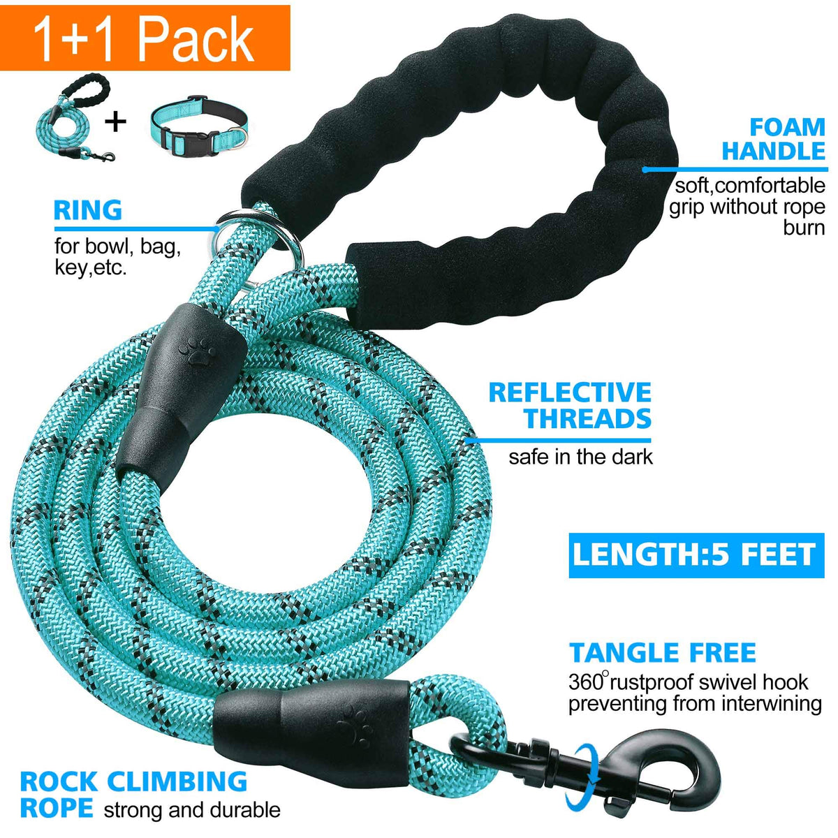 Reflective Padded Dog Collar with Neoprene, Medium, Turquoise A594499
