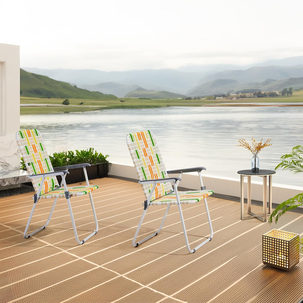 Set of 2 Webbed Folding Beach Chairs Yellow & Green S39423