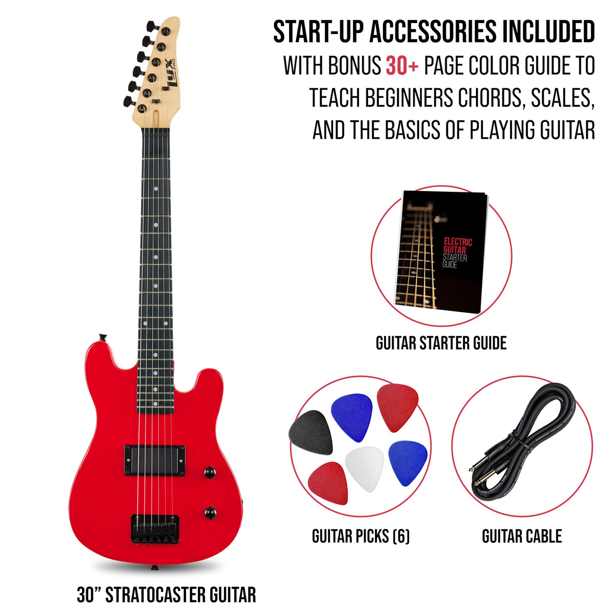 30” Electric Guitar Kit with Amp Cable, 6 Picks, Solid Wood Body, Red B594