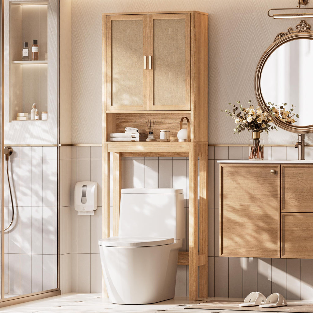 Over the Toilet Storage Cabinet with Rattan Doors L302