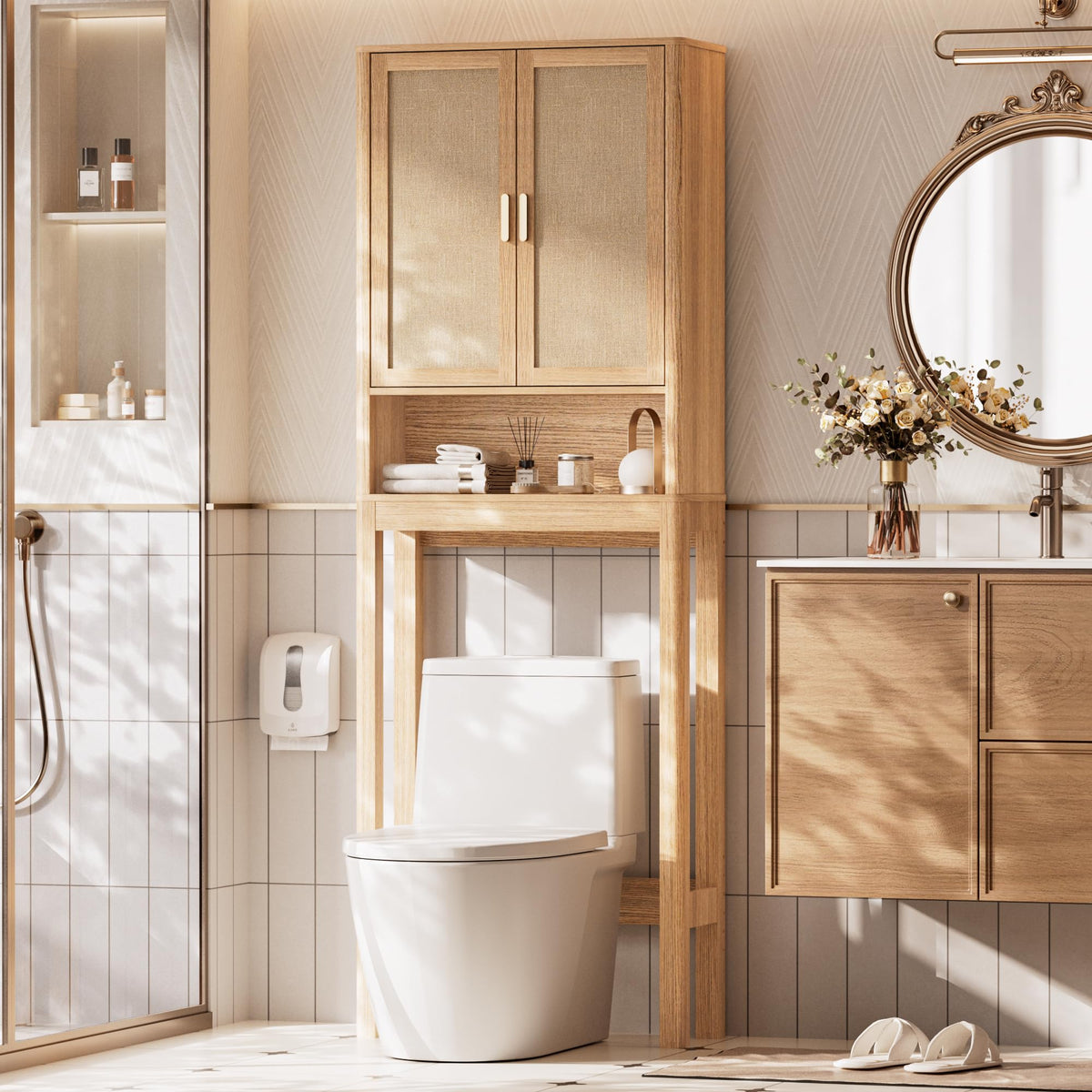 Over the Toilet Storage Cabinet with Rattan Doors L302