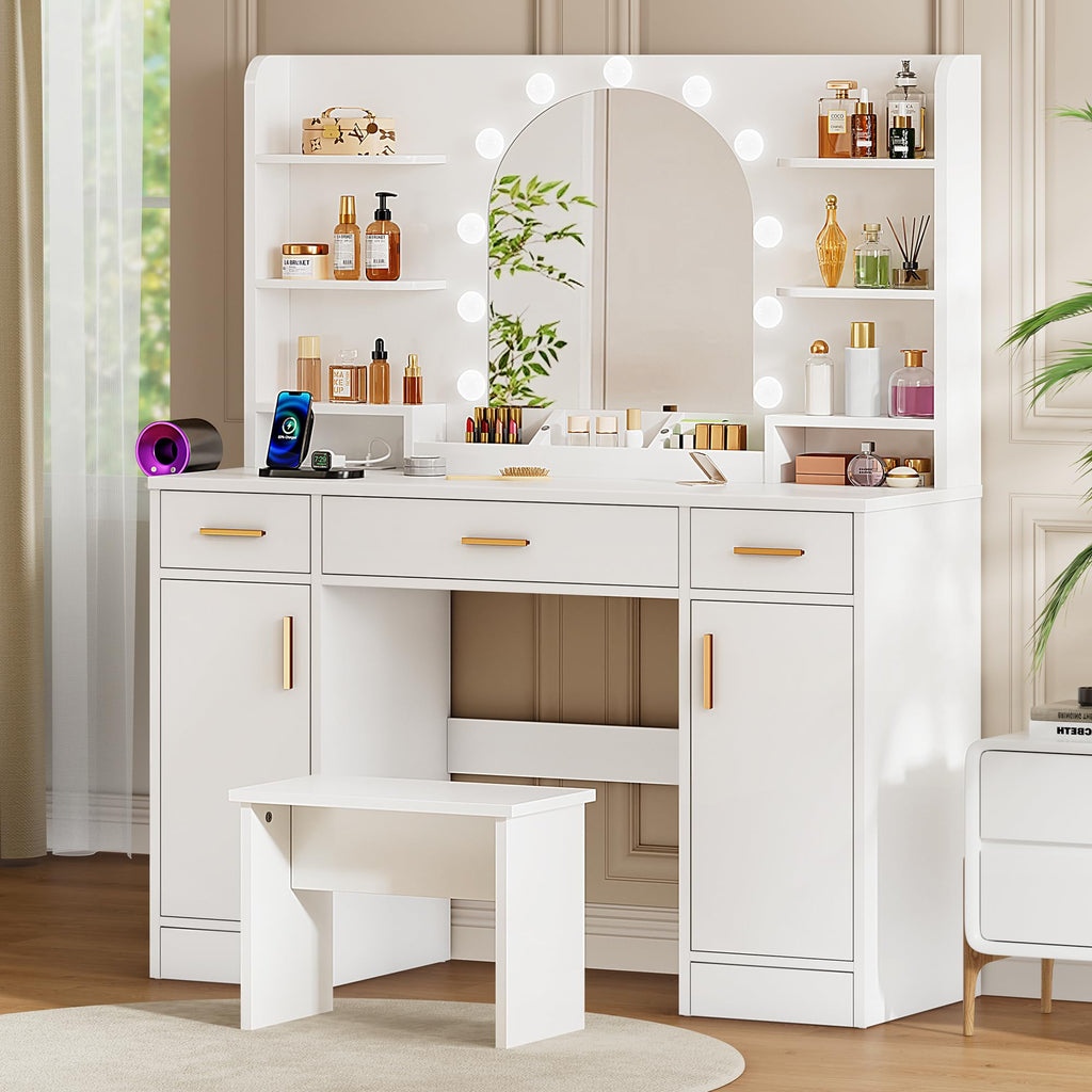 White Vanity Desk with Mirror and Lights C1753